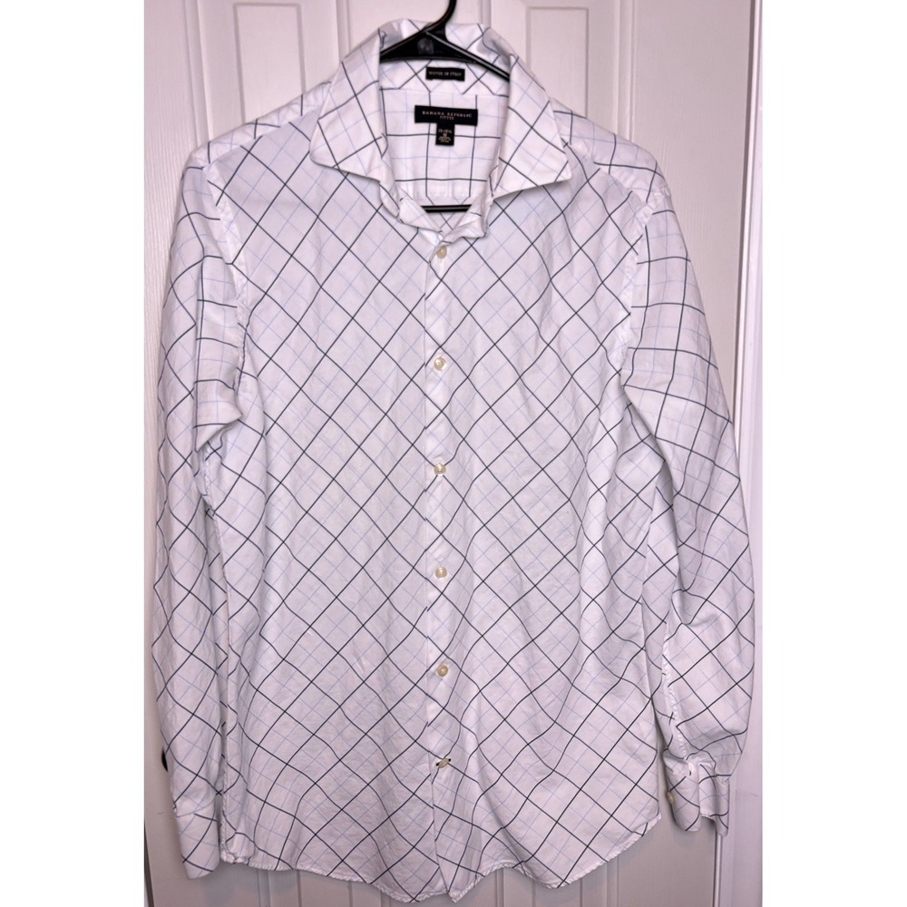 Banana Republic Men's White Blue Long Sleeve Slim Fit Italy Medium 15 15 1/2
